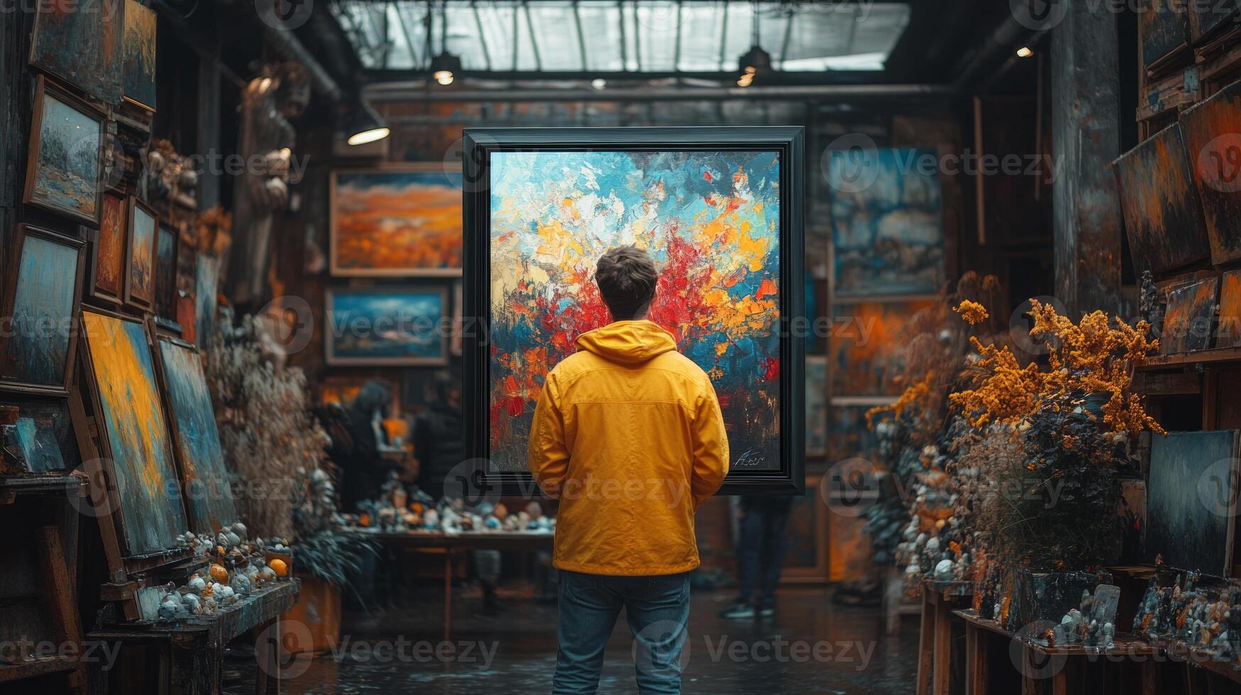 A man looking at a painting in an art gallery photo