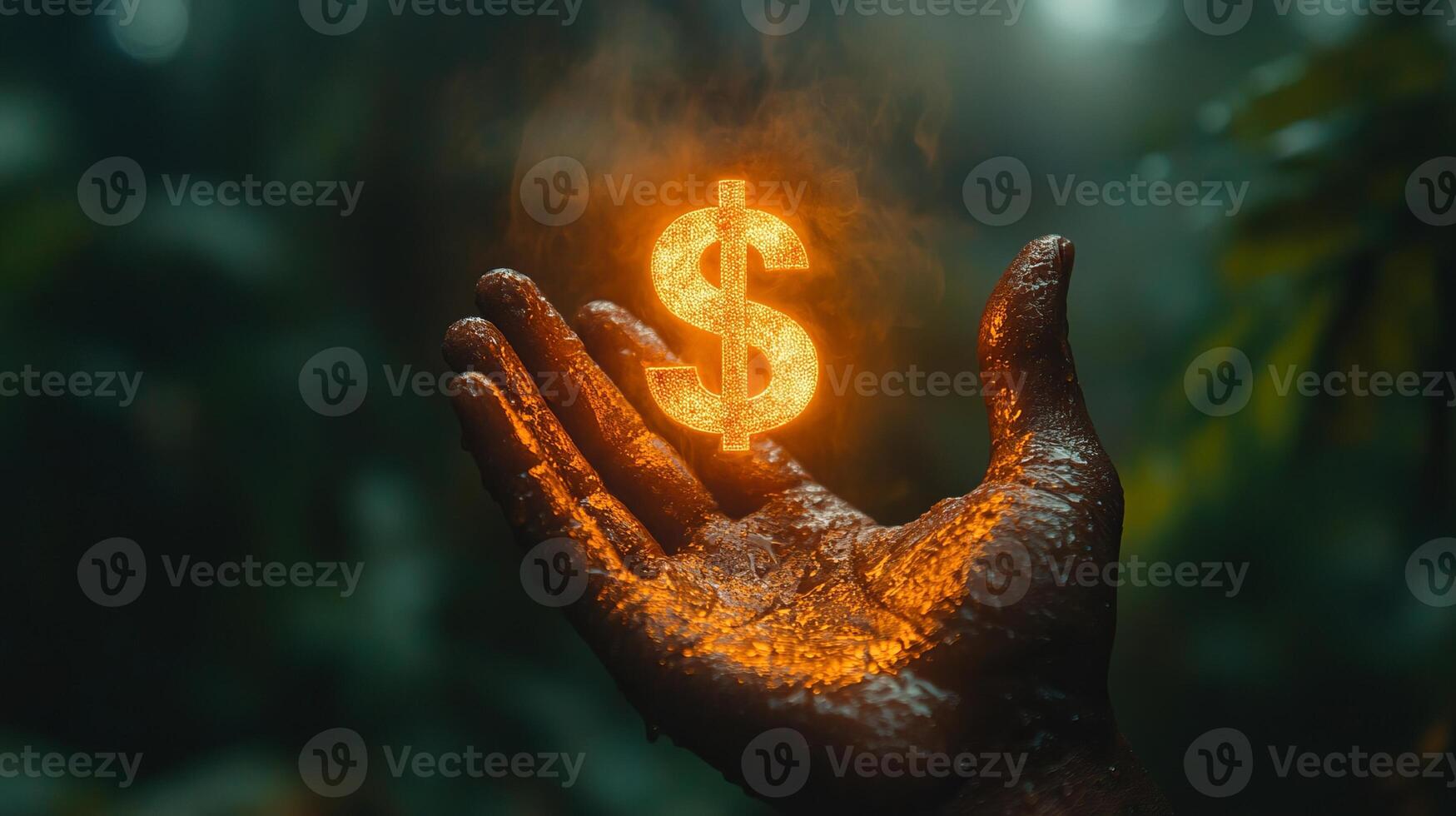 A hand holding a burning dollar sign in the dark photo