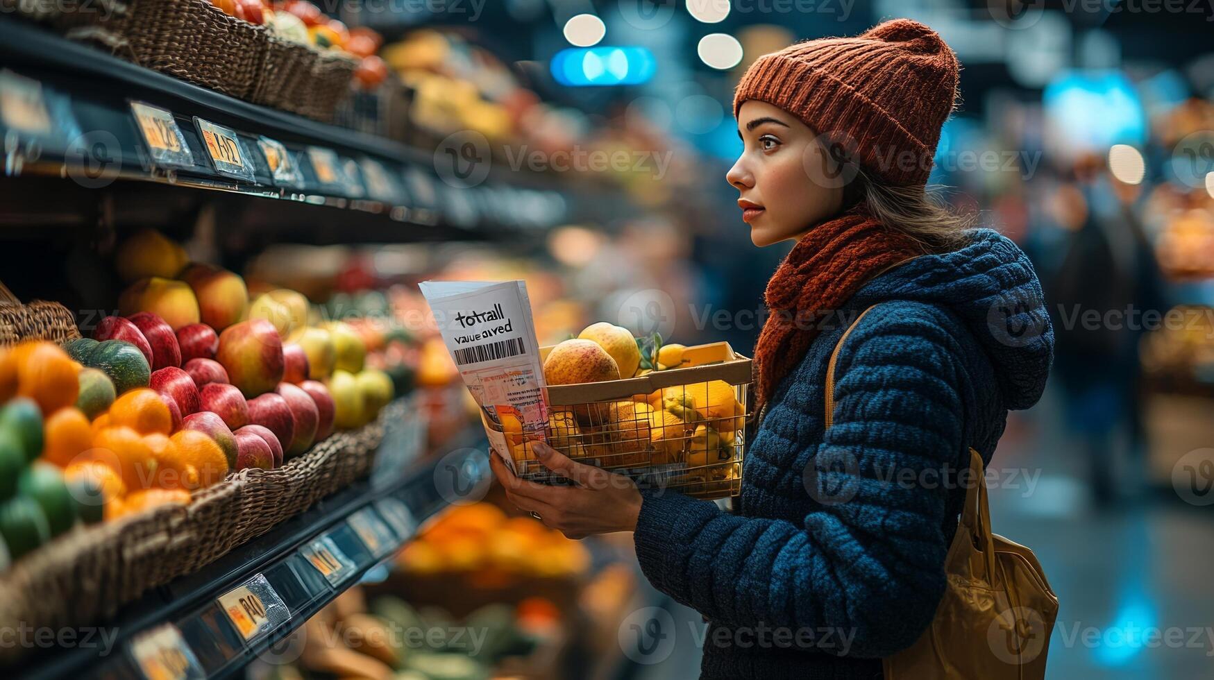 A woman is looking at a basket of fruit in a grocery store photo