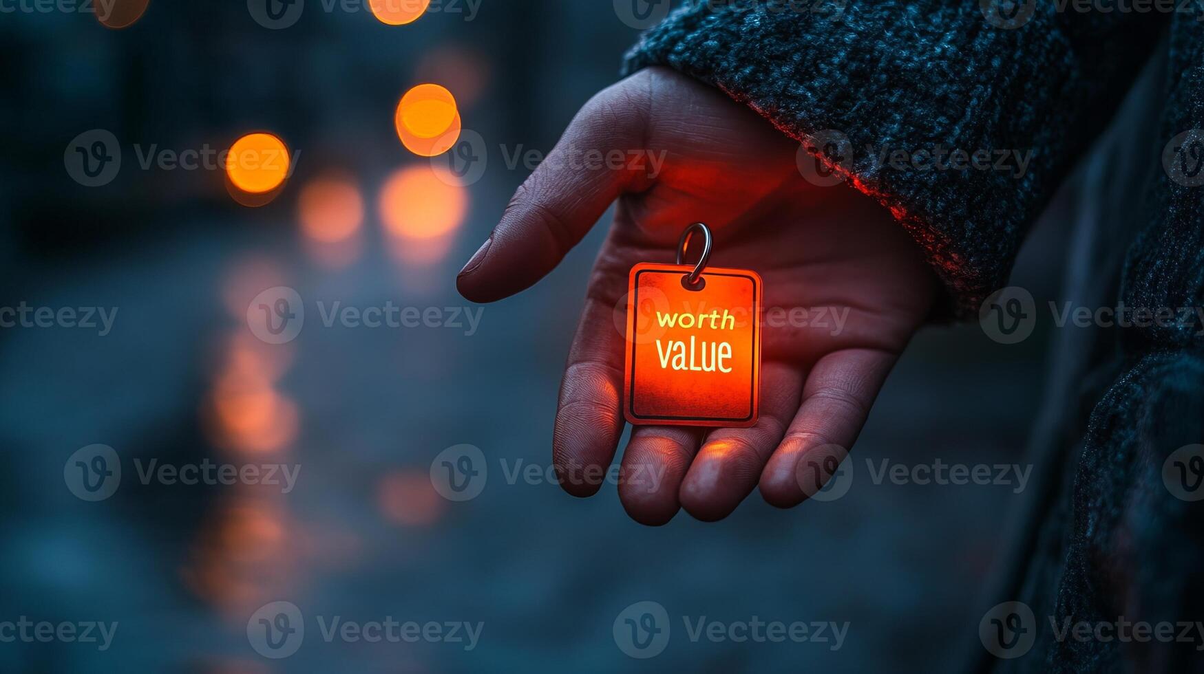 A person holding a red tag with the words month value photo