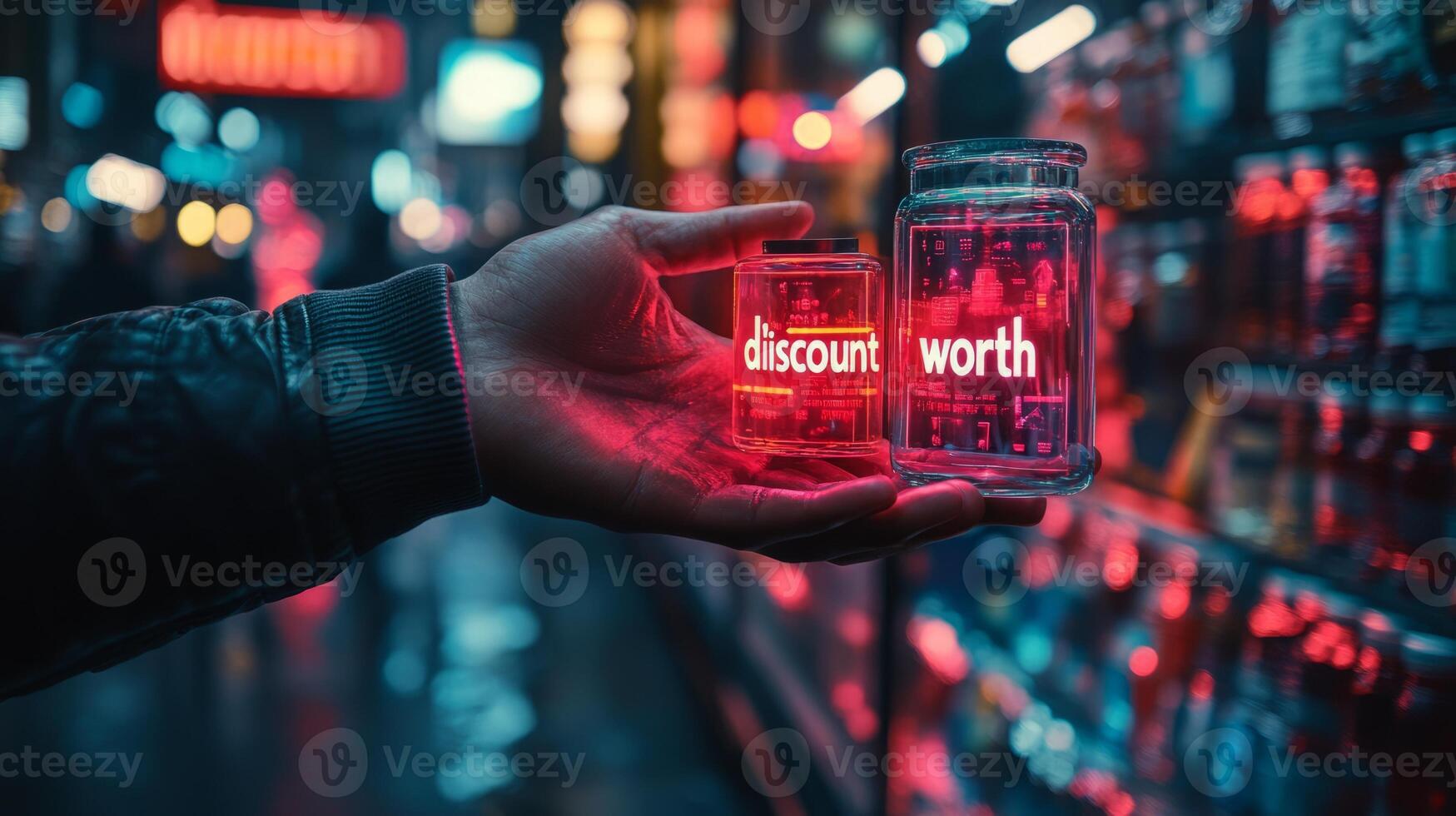 A person holding a bottle of water with the word discount on it photo