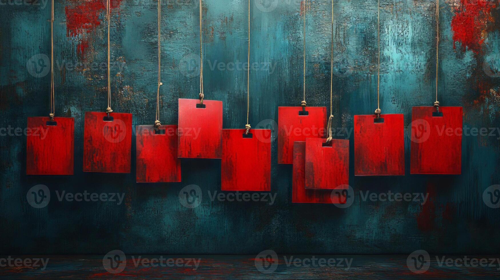 Red tags hanging from ropes on a wall photo