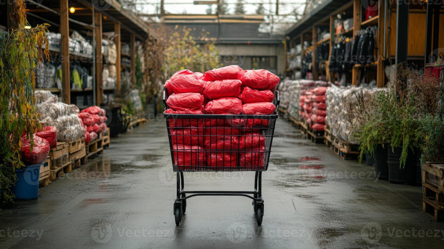 A shopping cart filled with red bags photo