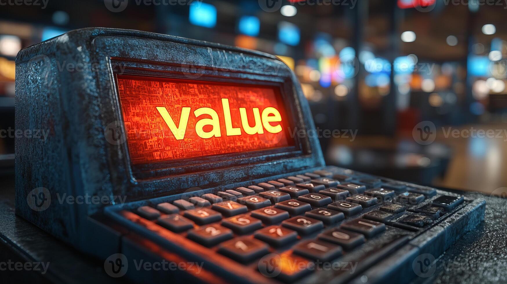 Value is the word on the screen of a vintage computer photo