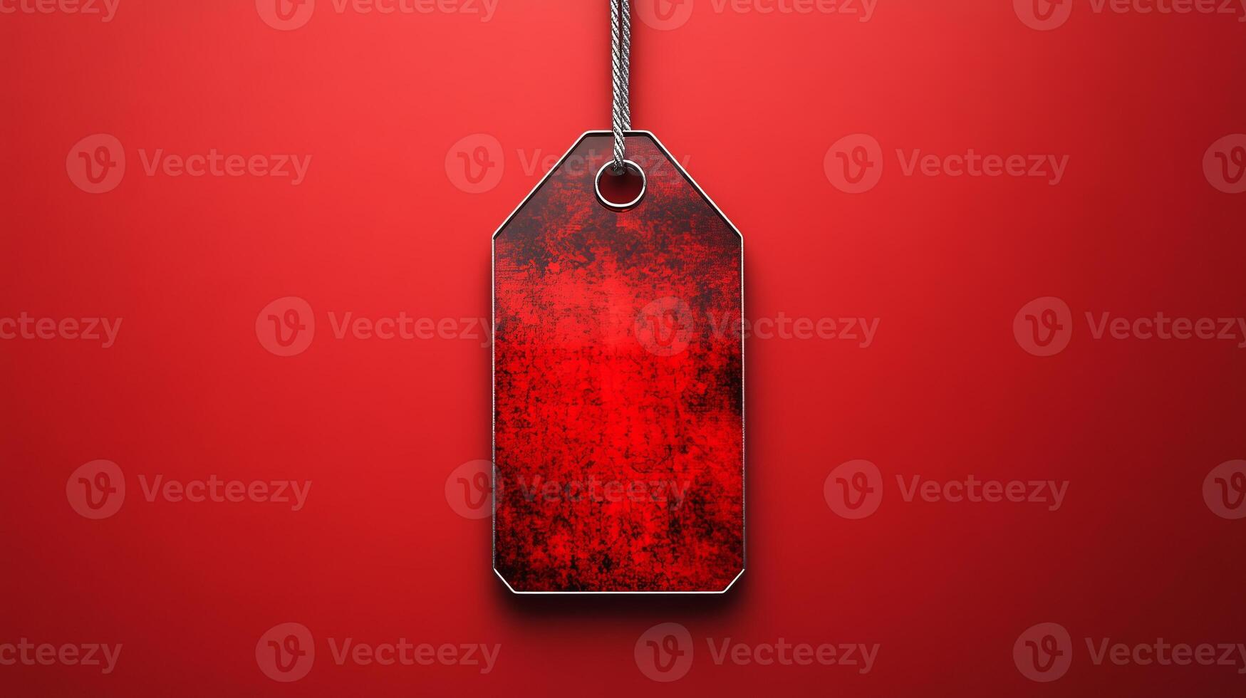 Red price tag hanging on a red background photo