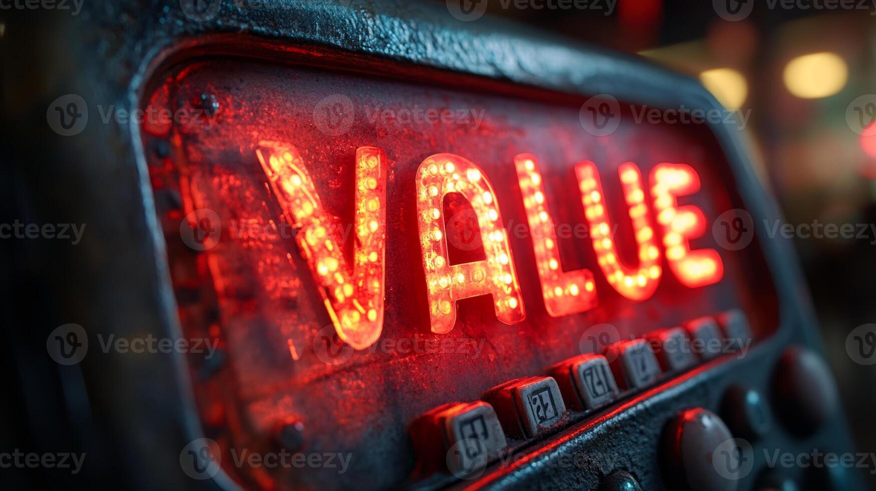 A close up of a neon sign that says value photo
