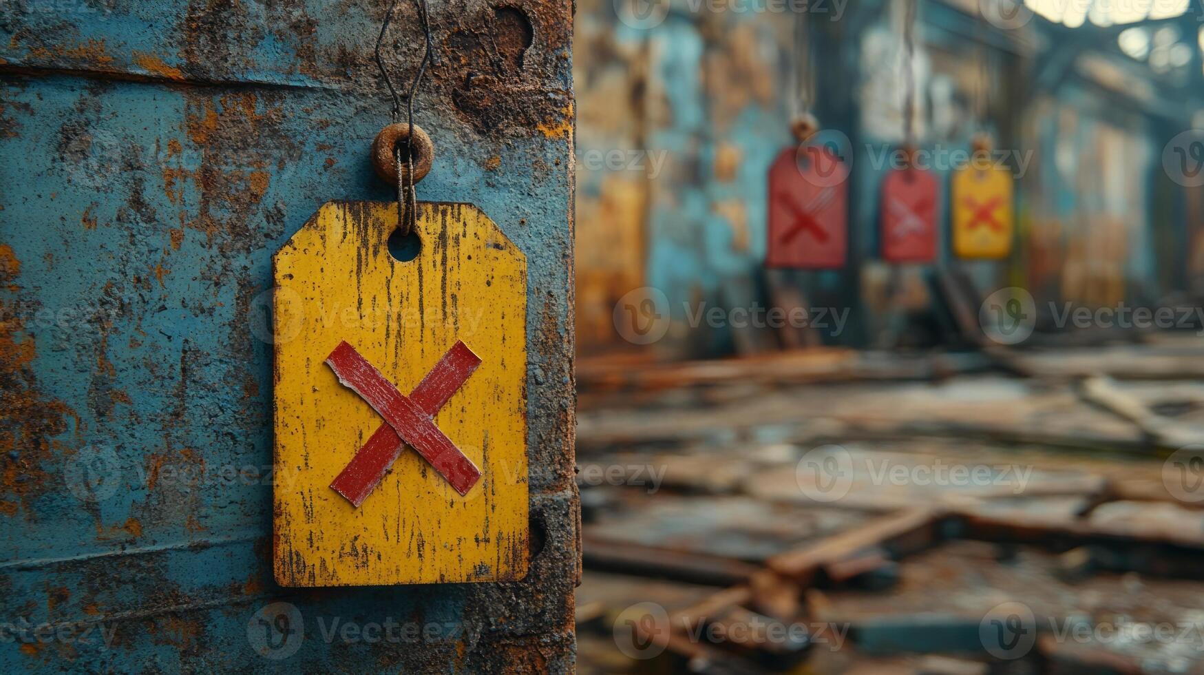 A rusty old building with several red and yellow tags photo