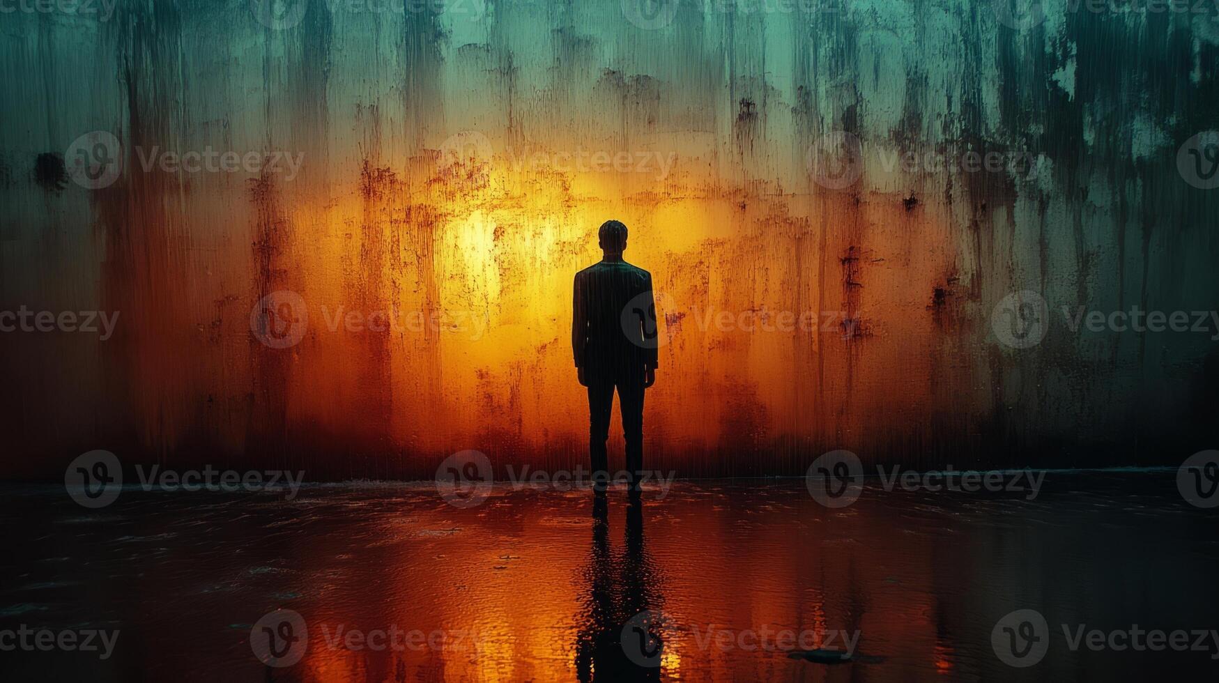 A man standing in front of a wall with a sunset in the background photo