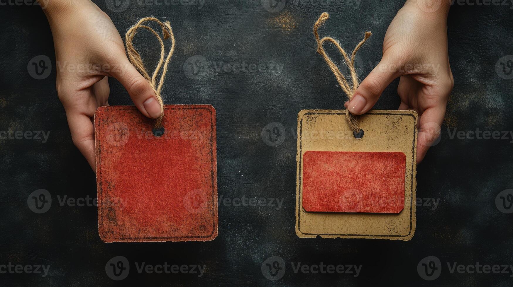 Two hands holding two red and one red and brown tags photo