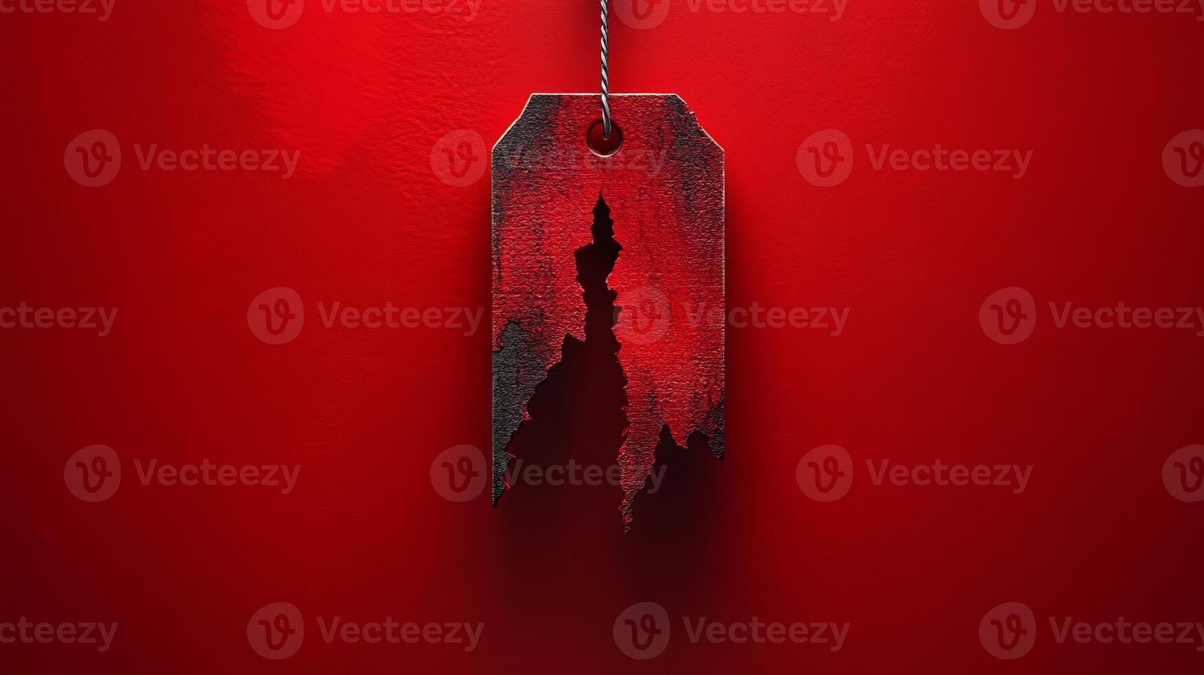 A red tag hanging from a string on a wall photo