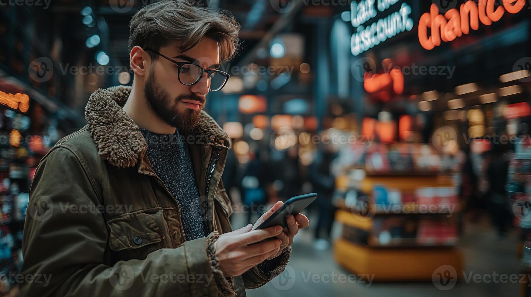 A man with glasses and a beard is looking at his phone photo