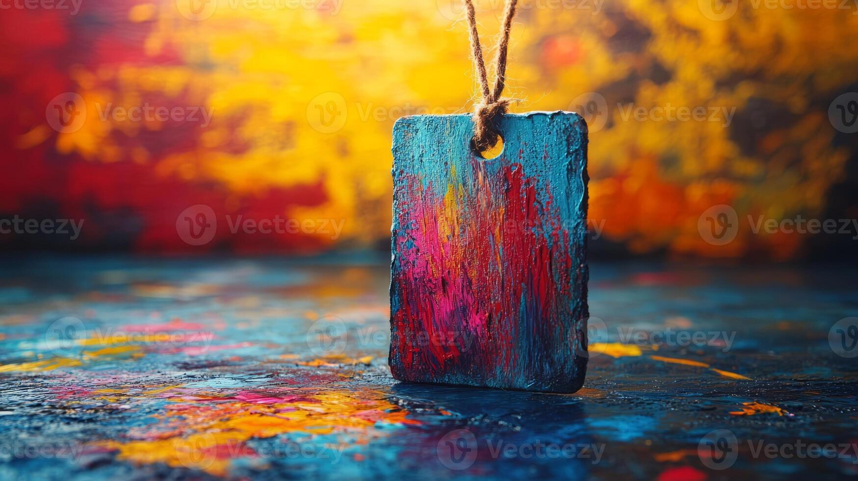 Colorful abstract painting on the background of a wooden tag photo