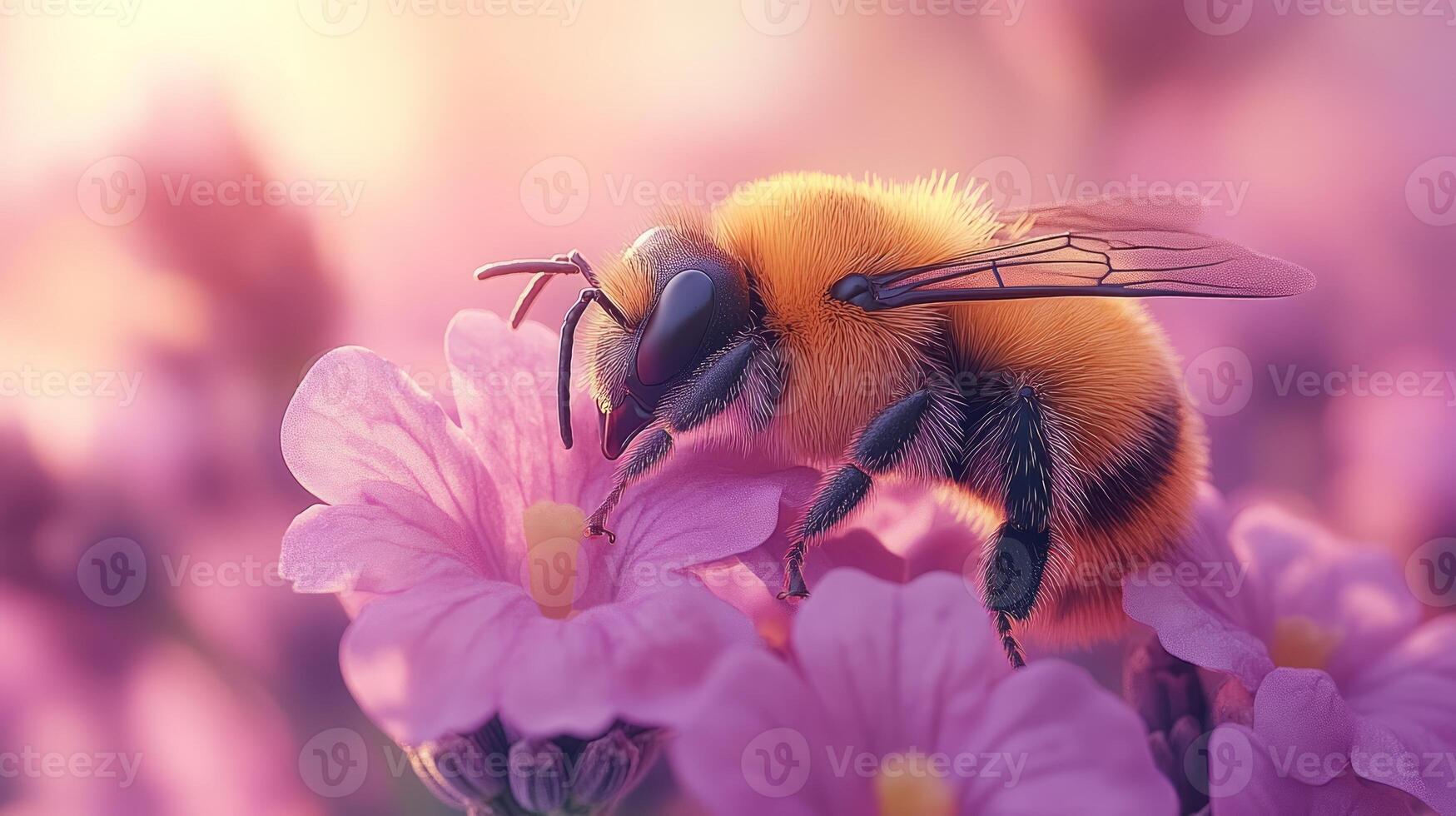 A bee is sitting on some purple flowers photo