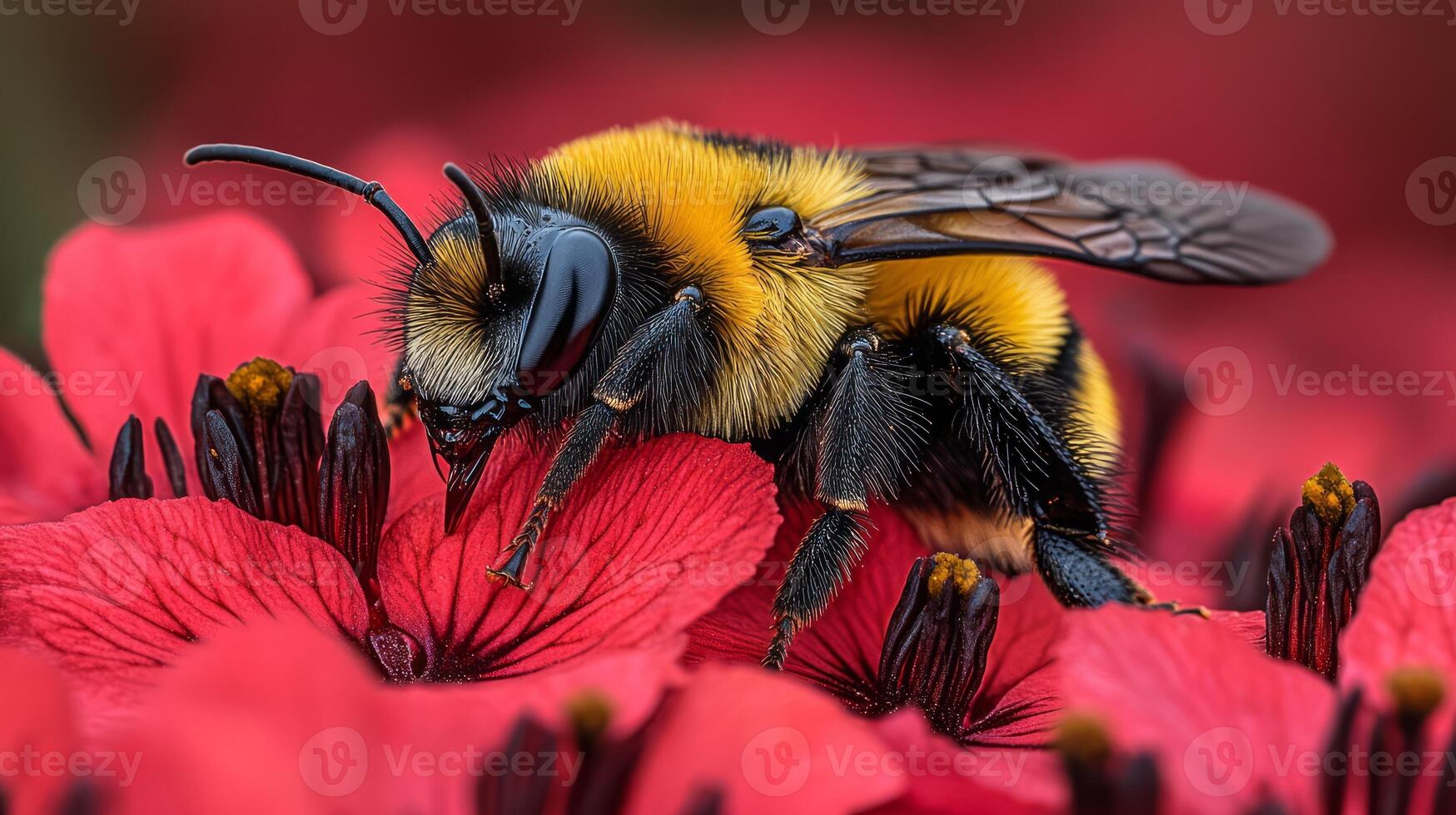 A bee on red flowers with a black and yellow body photo