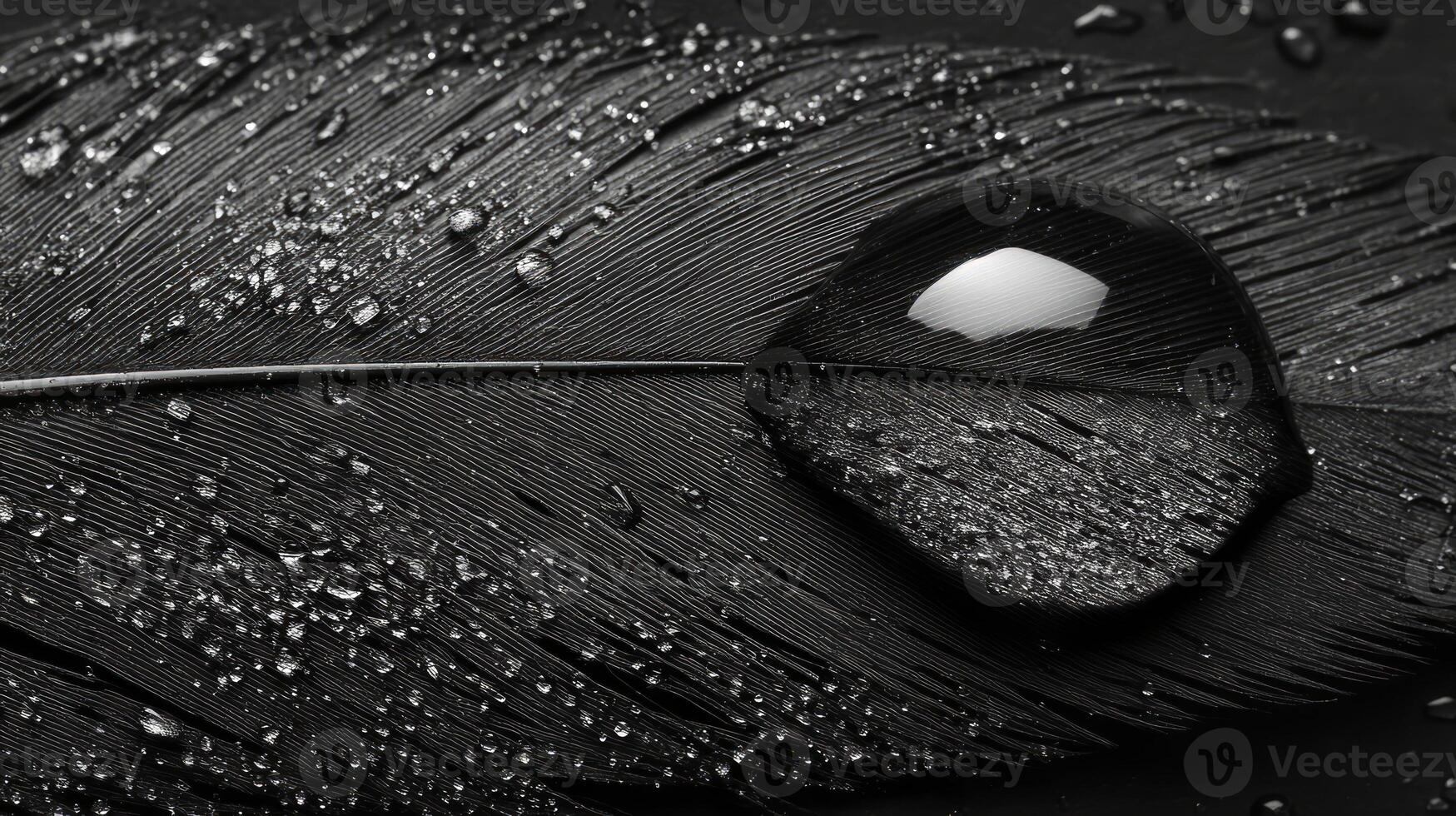 Black and white photograph of a feather with water droplets photo