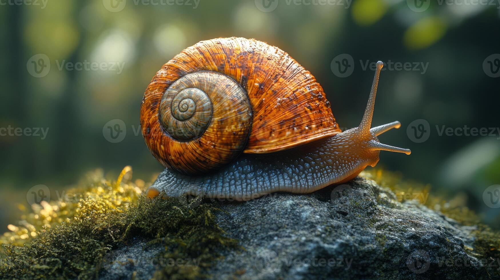 A snail is walking on a rock in the forest photo