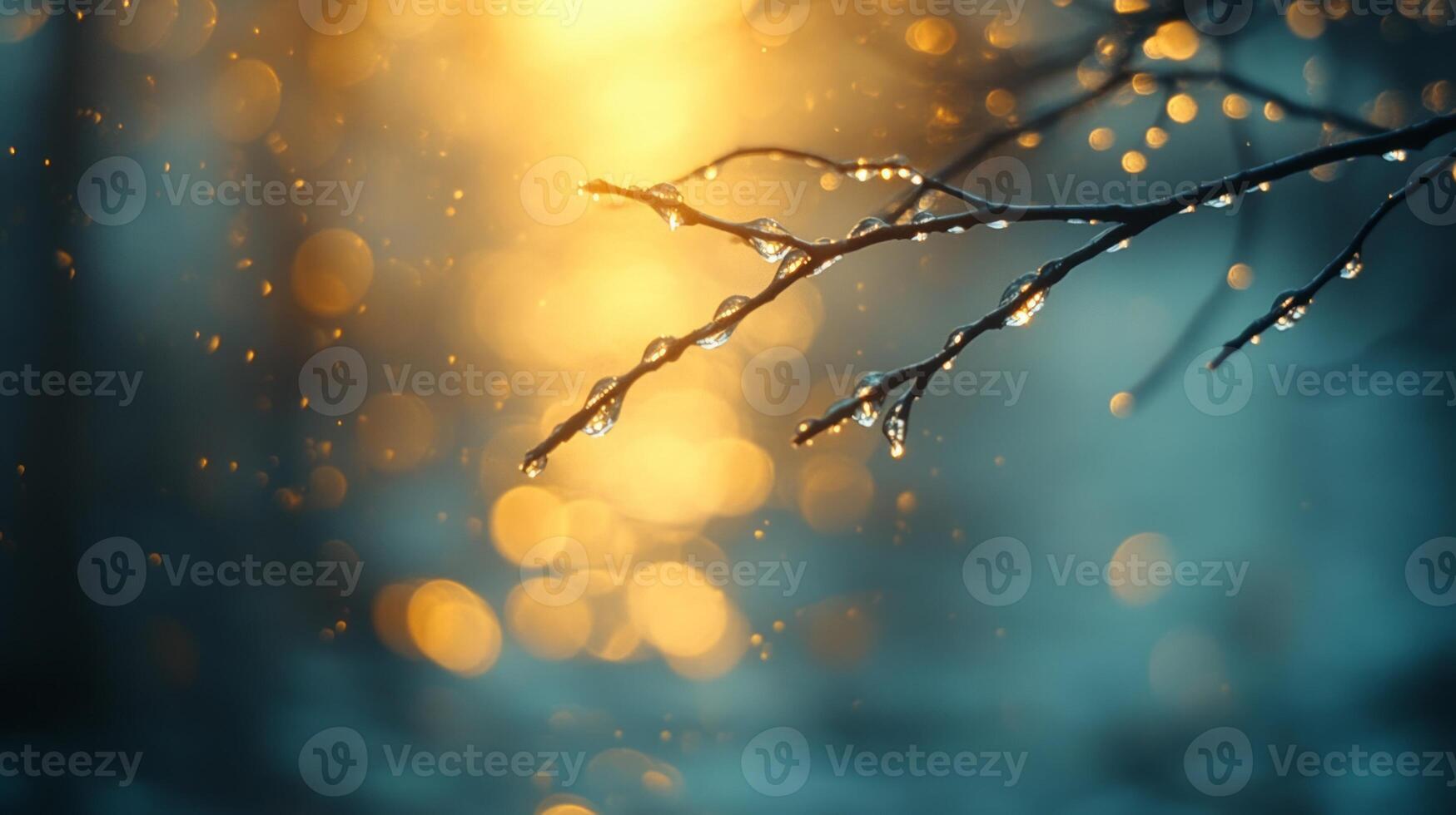 A tree branch with water droplets on it photo