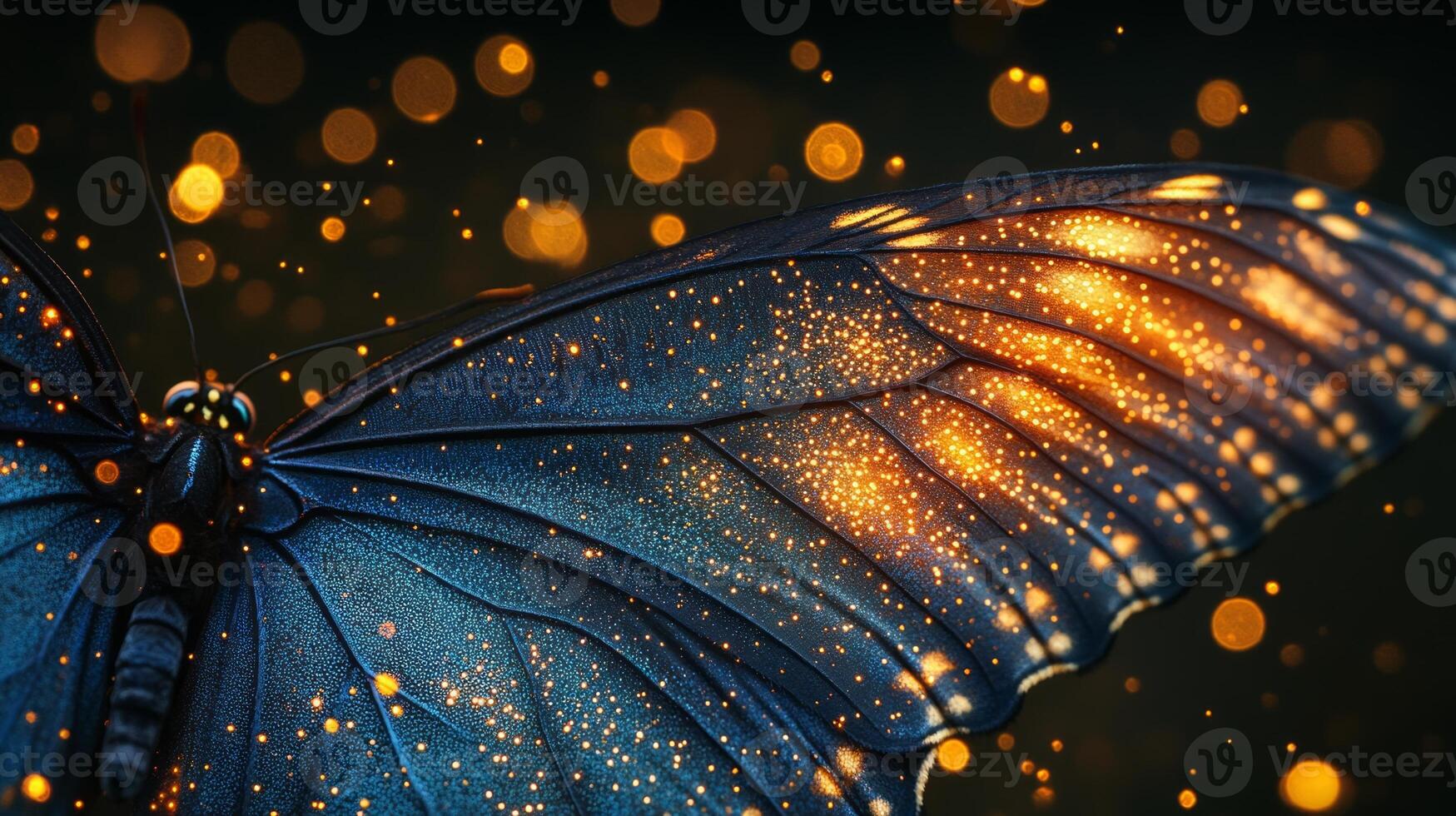 A butterfly with glowing wings is shown in the dark photo