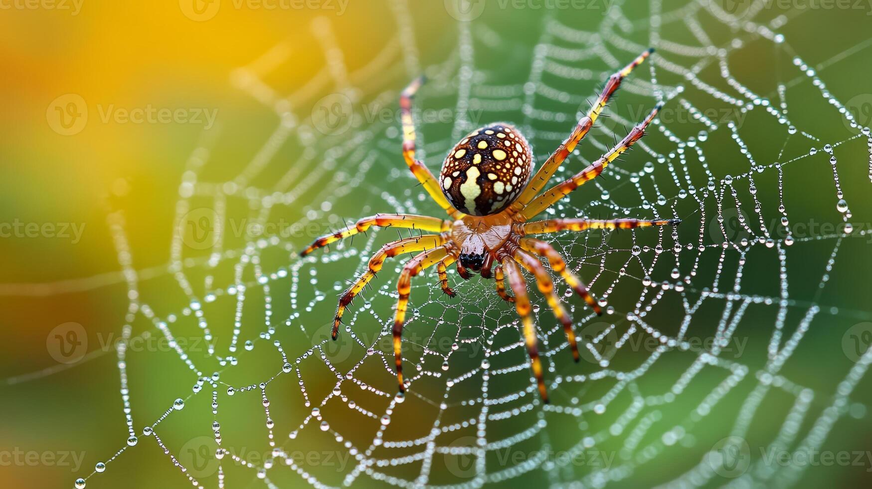 A spider sits on its web with dew drops on it photo