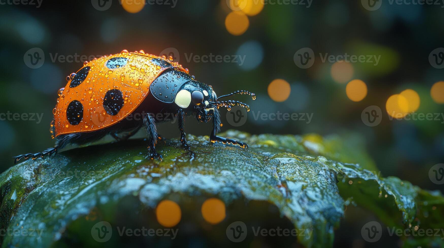 A ladybug sitting on a leaf with water droplets on it photo