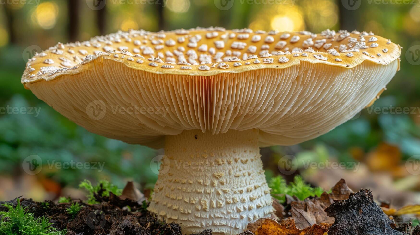 A mushroom with white and yellow spots on it photo