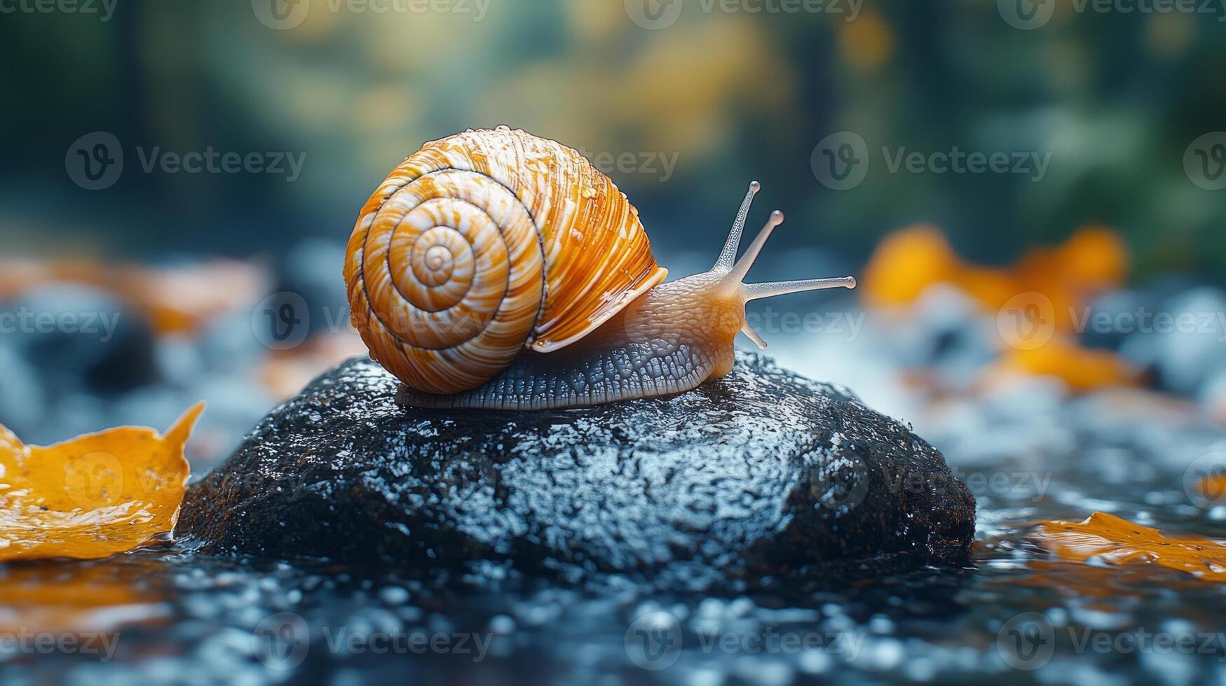 A snail is sitting on a rock in the water photo