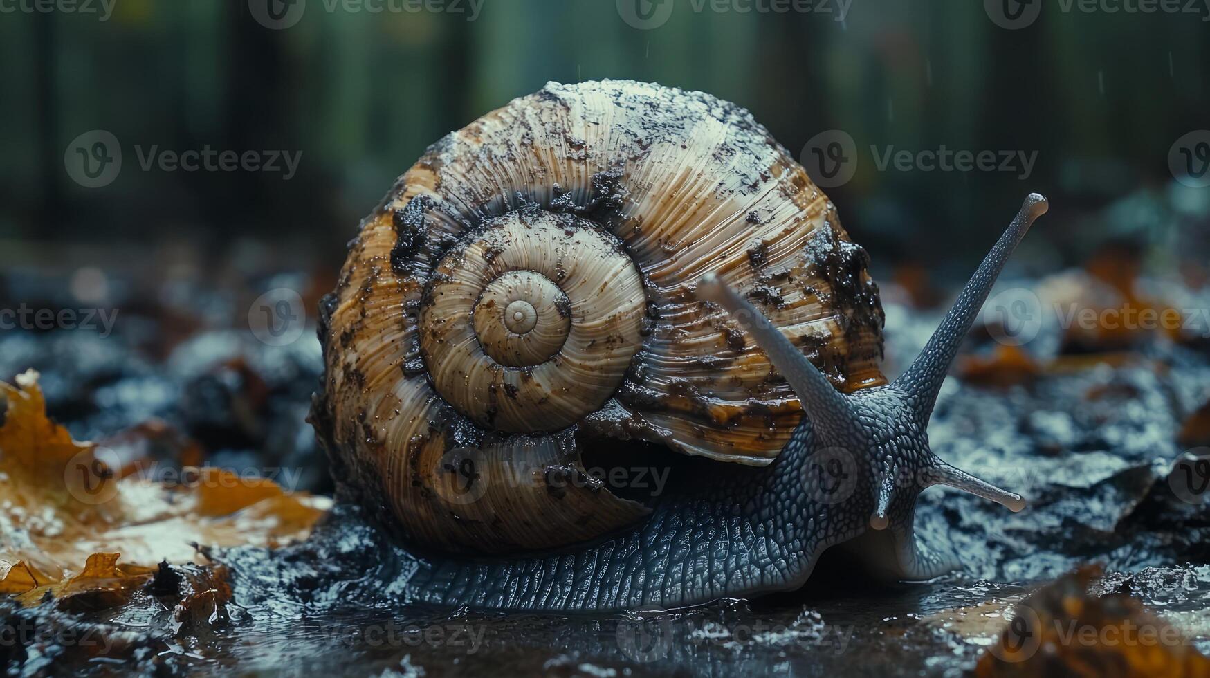 A snail is walking through the mud in the rain photo