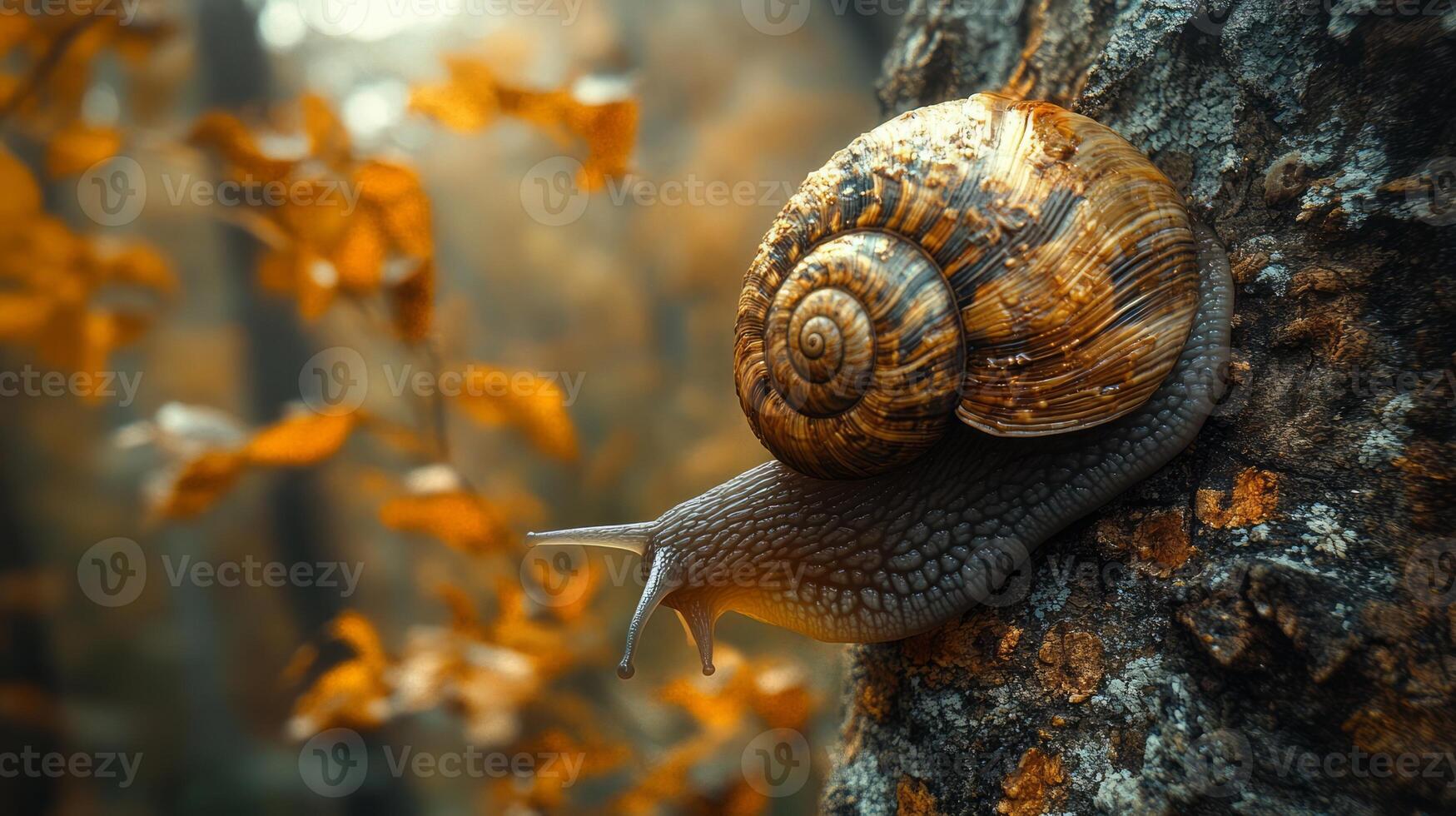A snail is crawling on a tree trunk in the forest photo