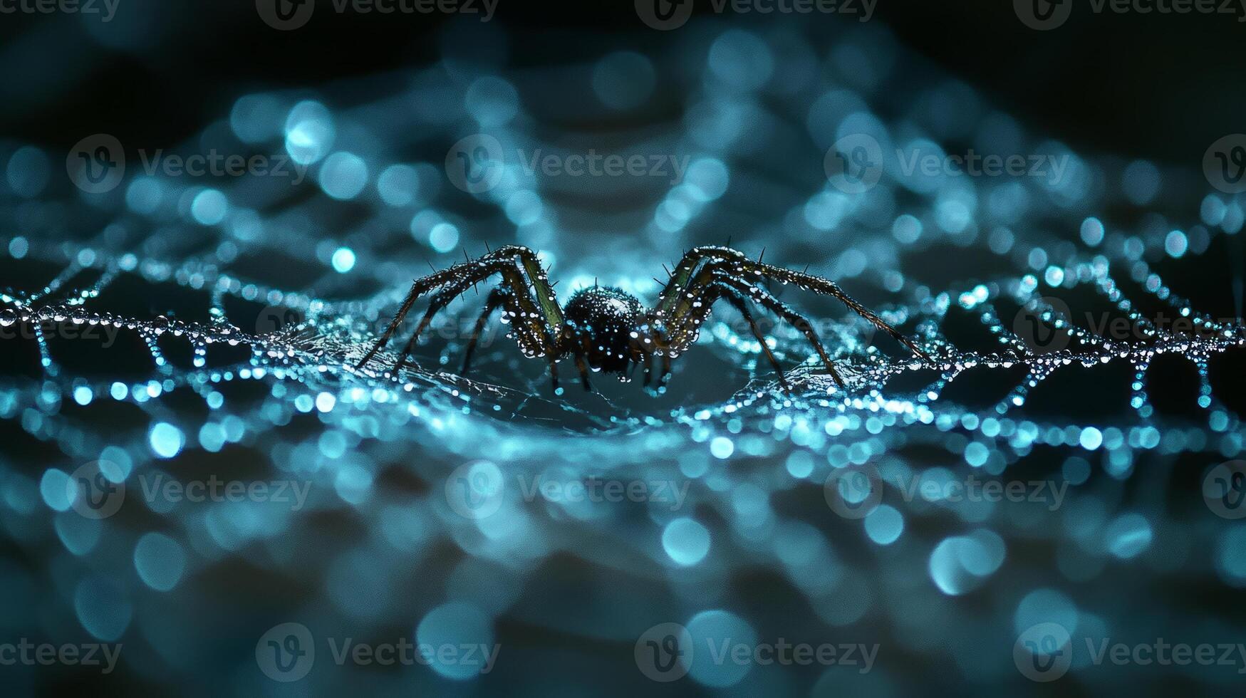 A spider sits on a web with water droplets photo