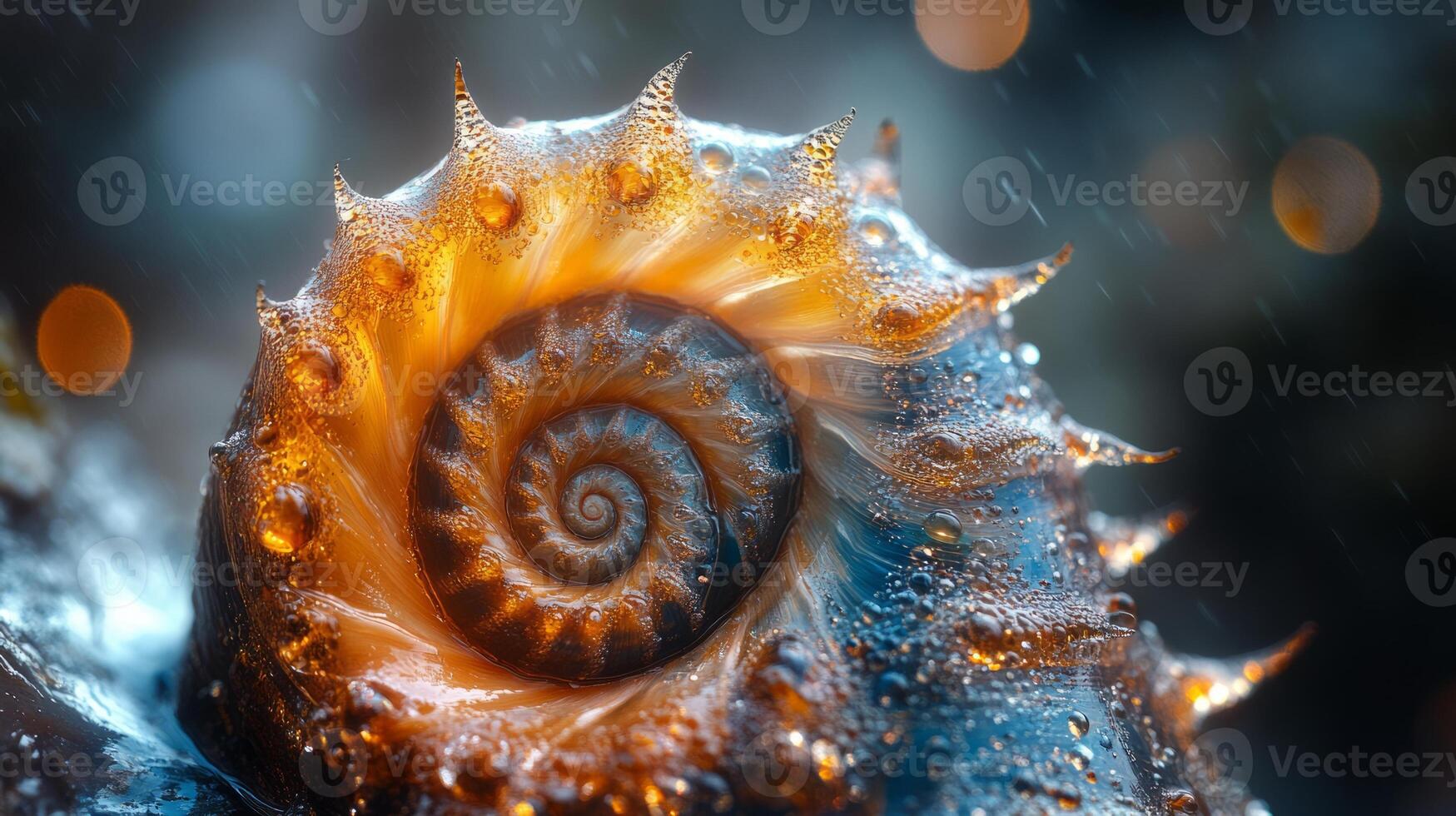 A close up of a spiral shell with rain drops photo