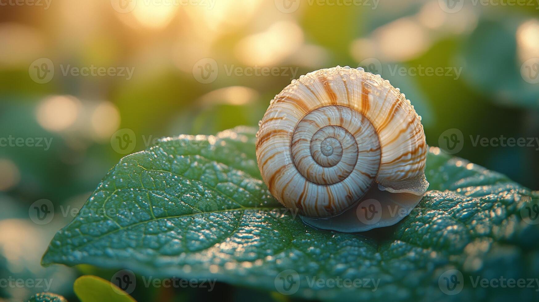 A snail is sitting on a leaf with sunlight shining through photo