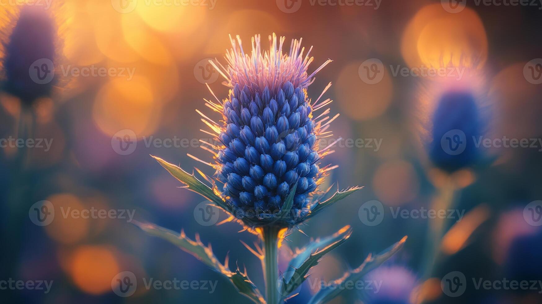 A thistle flower is shown in the sun photo