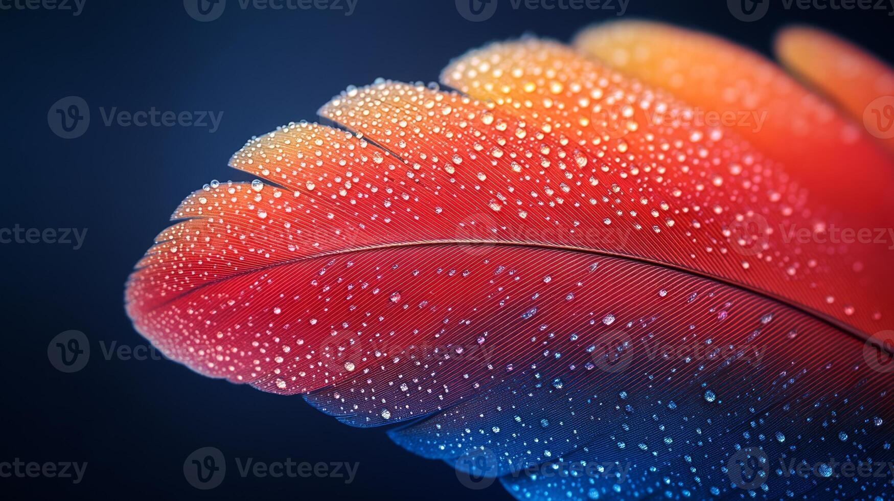 A close up of a colorful feather with water droplets photo