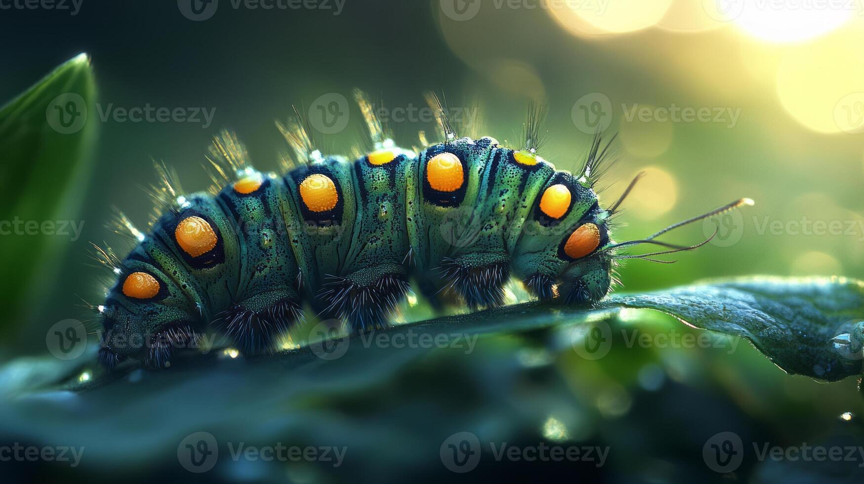 A caterpillar with yellow eyes and green skin photo