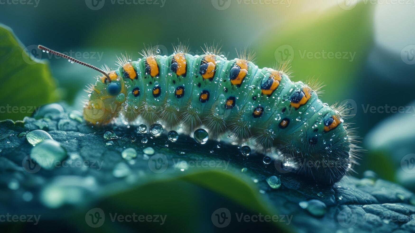 A caterpillar is sitting on a leaf with water droplets photo