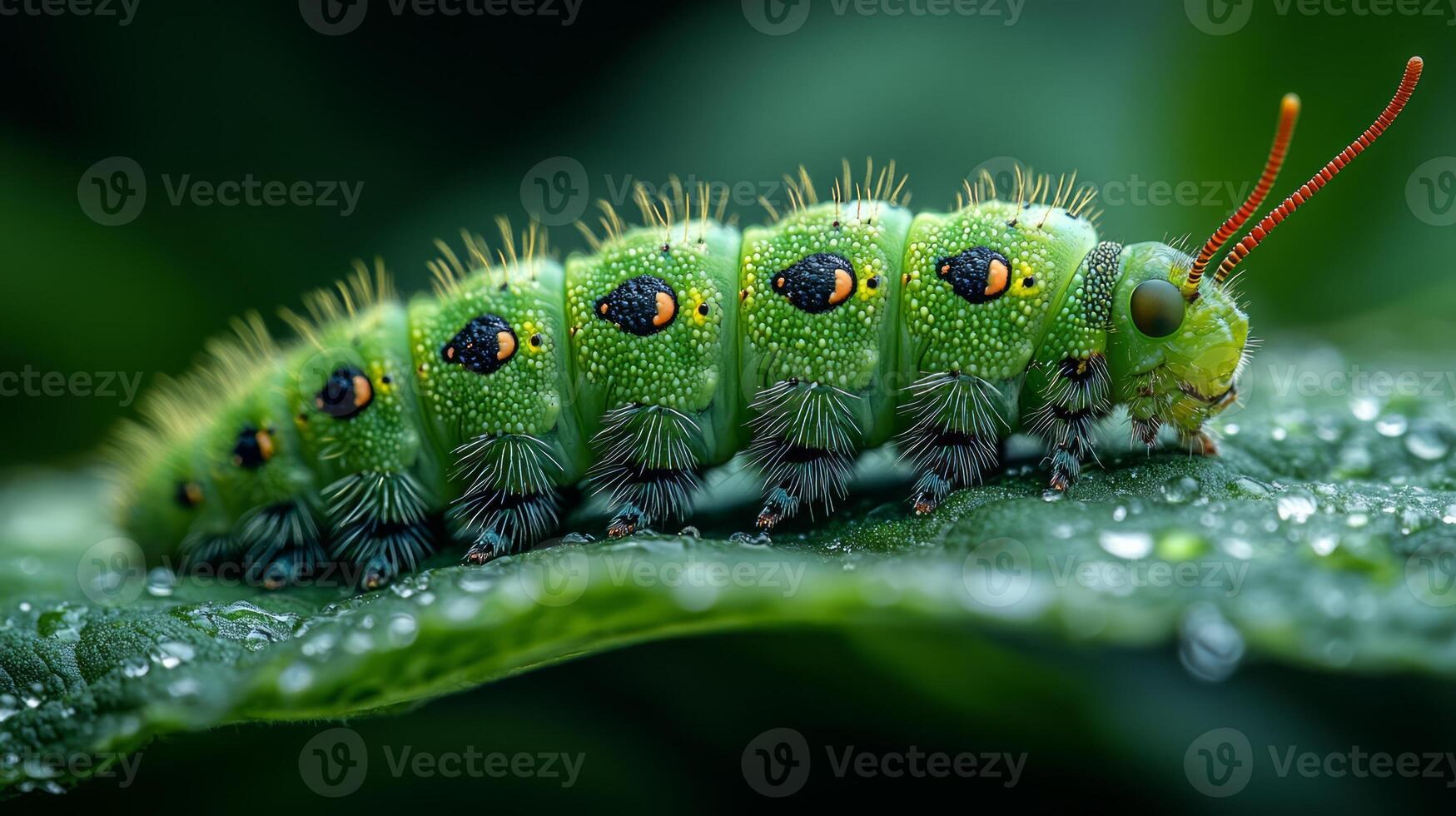 A green caterpillar with black eyes sitting on a leaf photo