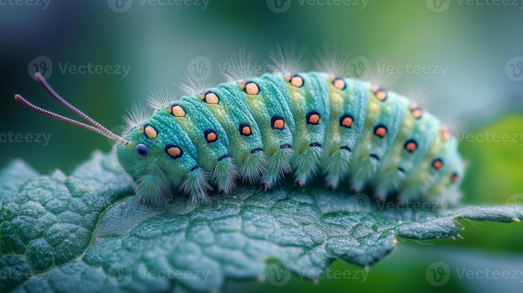 A green caterpillar with yellow spots on its back photo