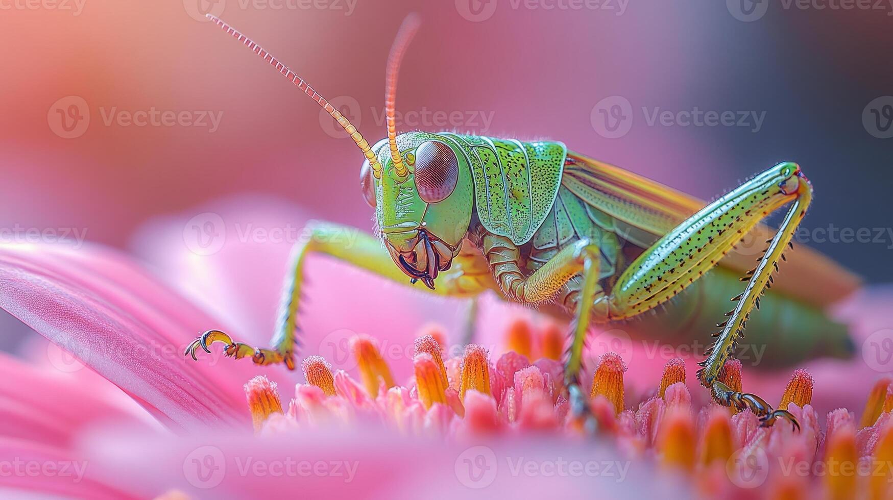 A grasshopper is sitting on a pink flower photo