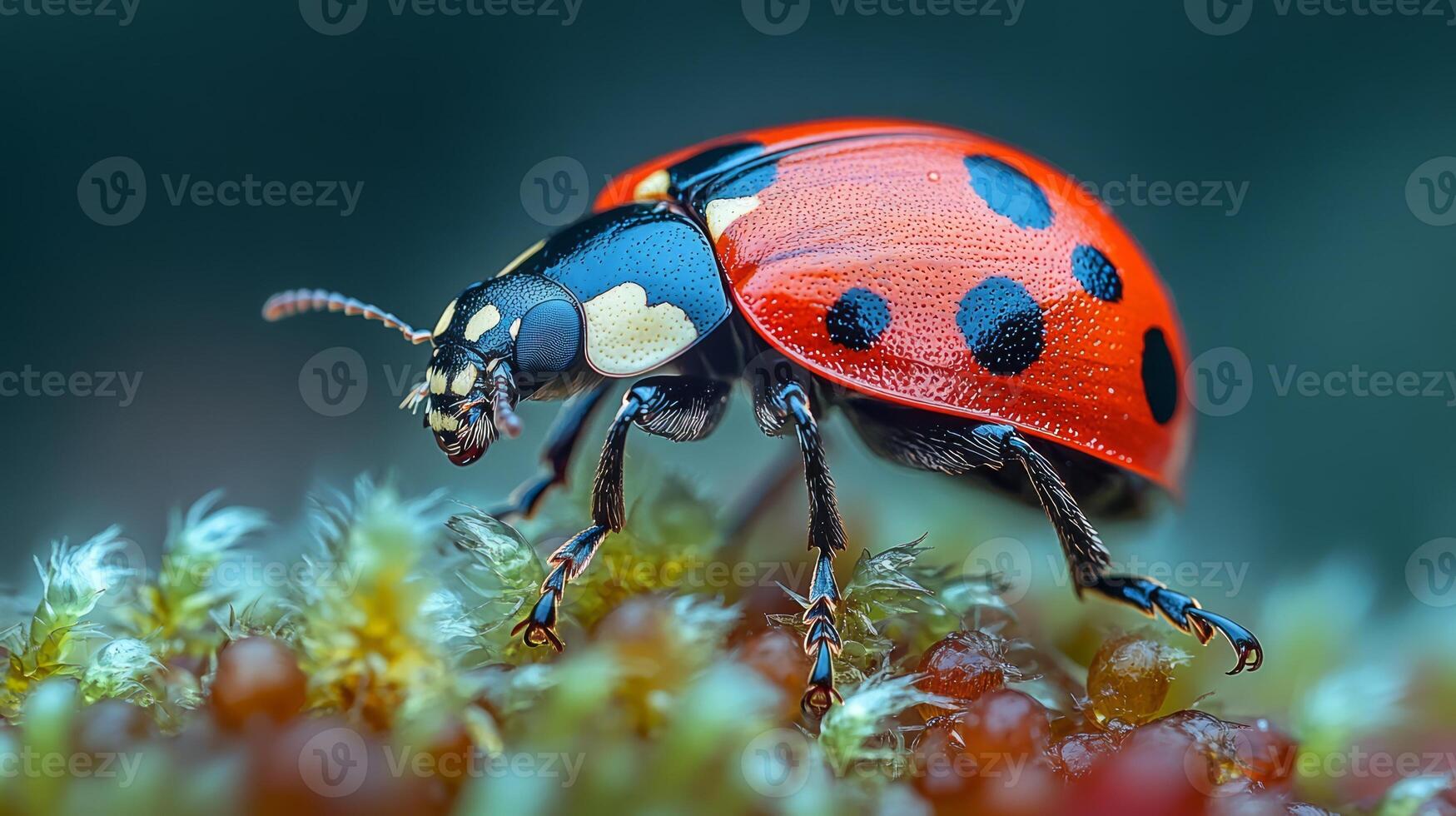 A ladybug is sitting on top of a plant photo