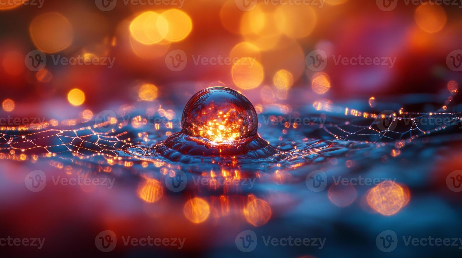 A spider web with a red light in the center photo