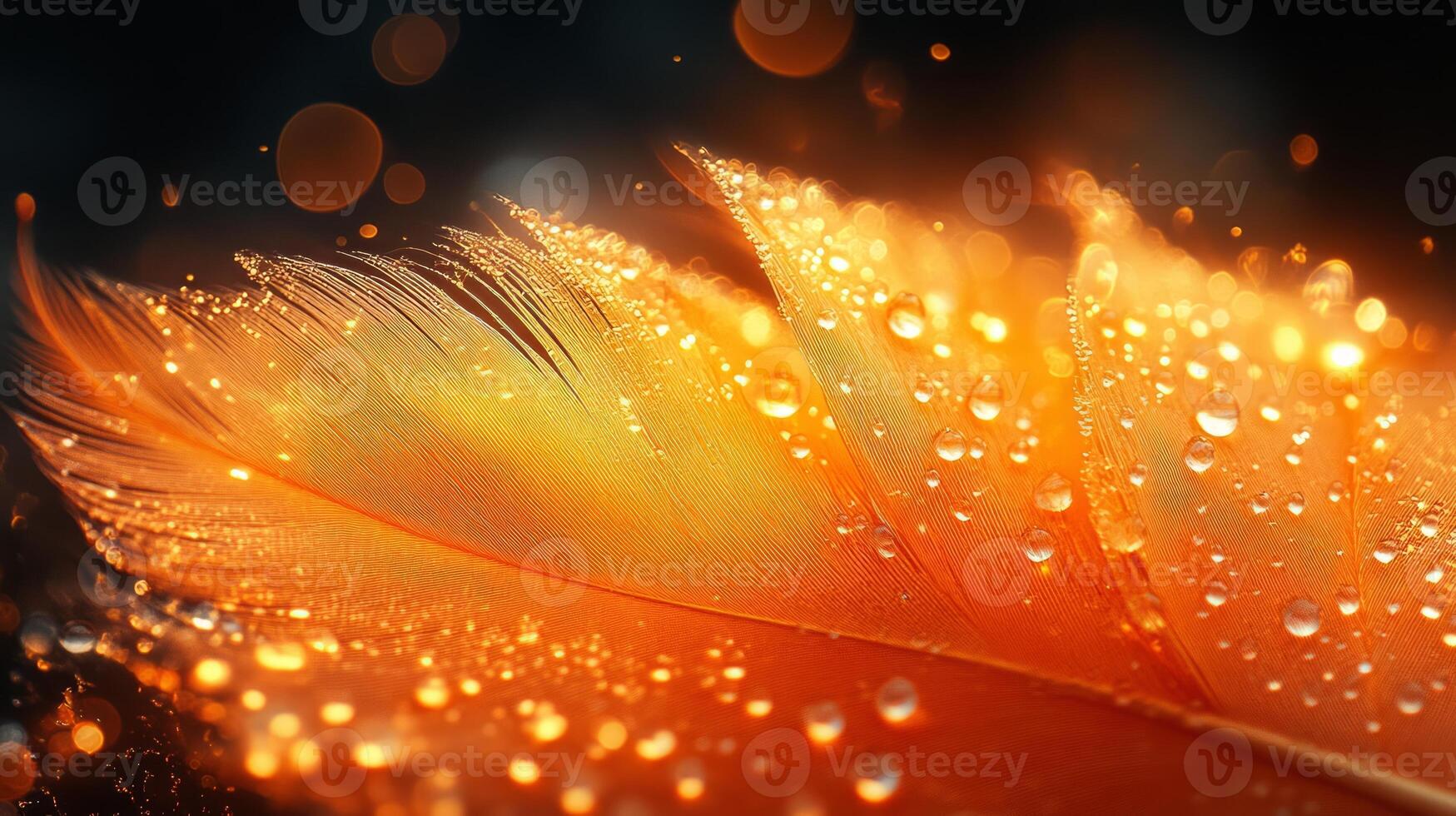 An orange feather with water droplets on it photo
