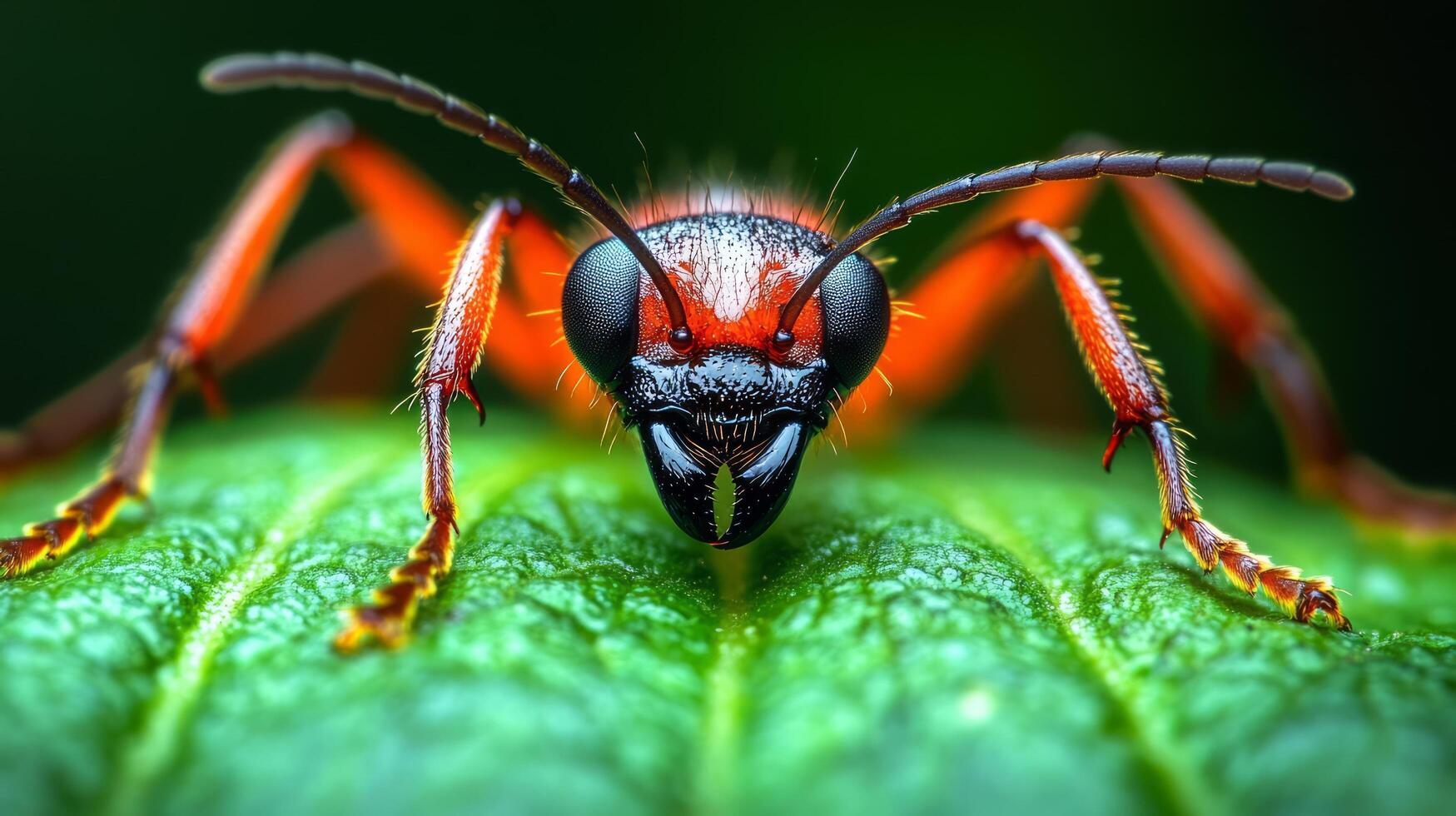 A close up of a red ant with black eyes photo