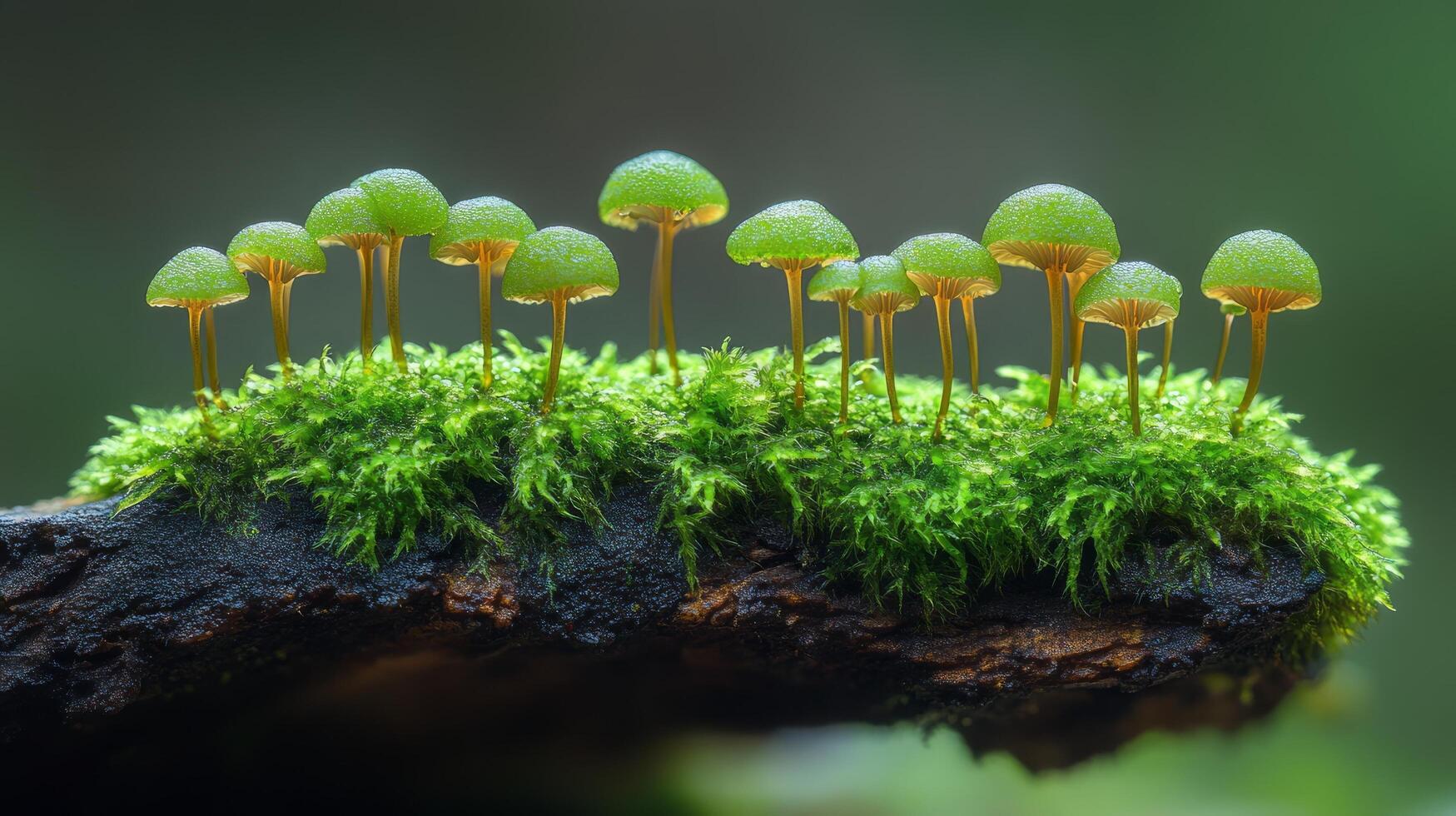 A group of small mushrooms growing on a mossy log photo