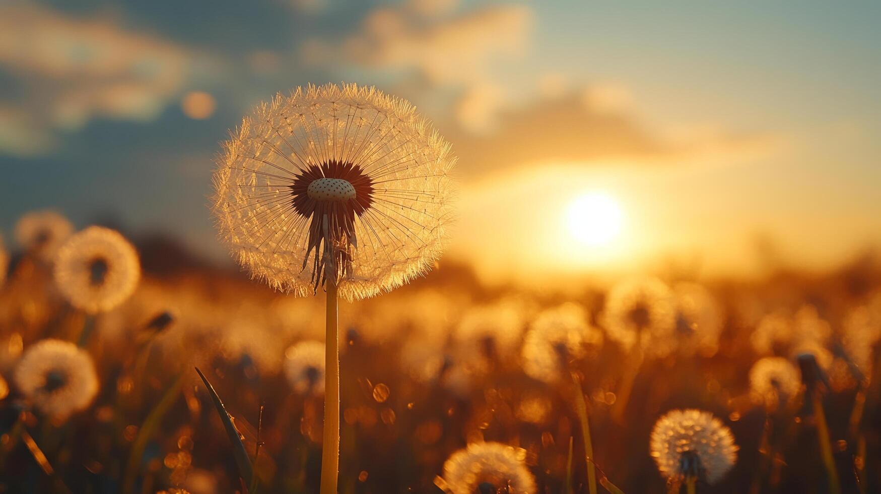 Dandelion in the field at sunset photo