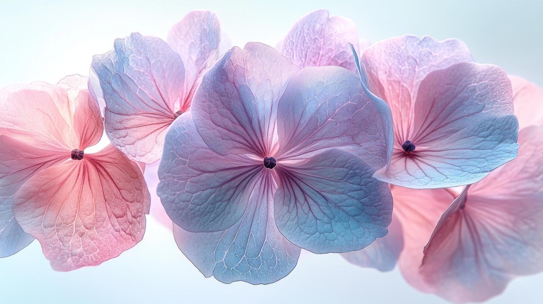 A group of pink and blue flowers are shown photo