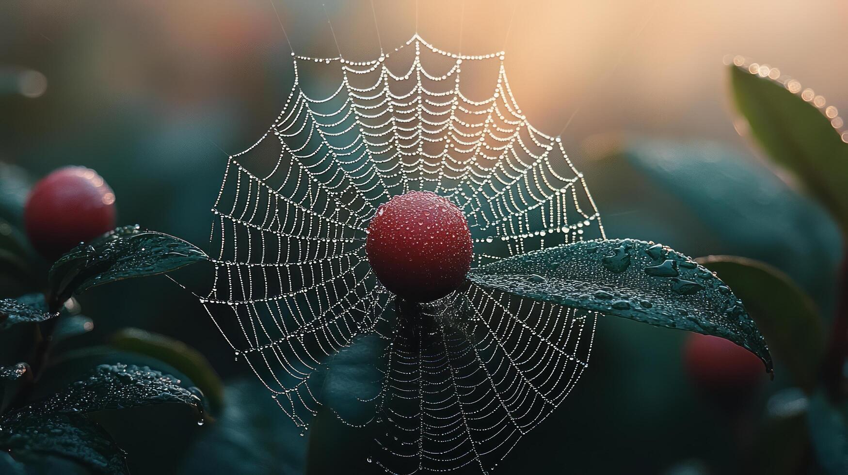 A spider web with red berries on it photo