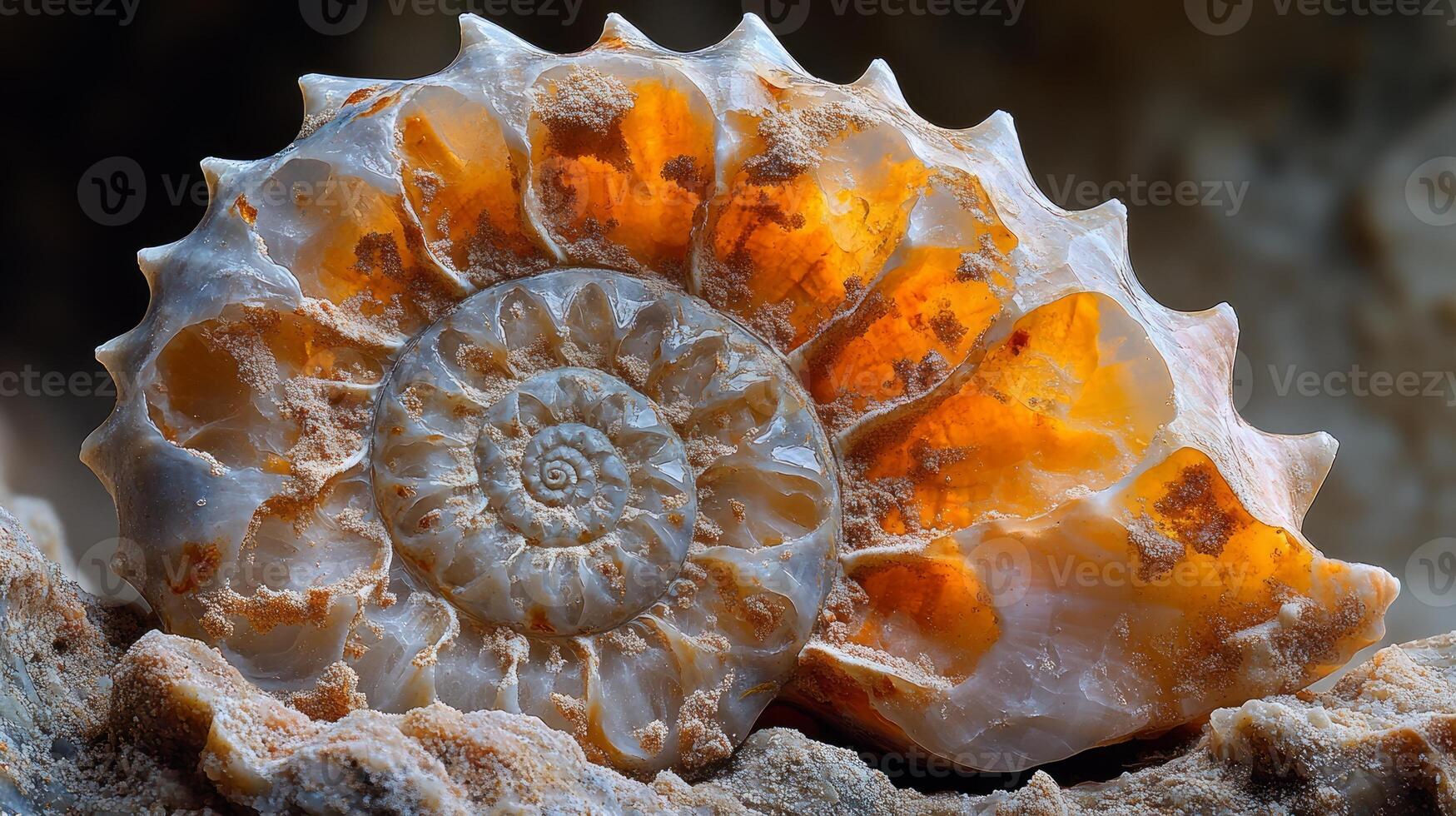 A shell with a white and orange pattern photo