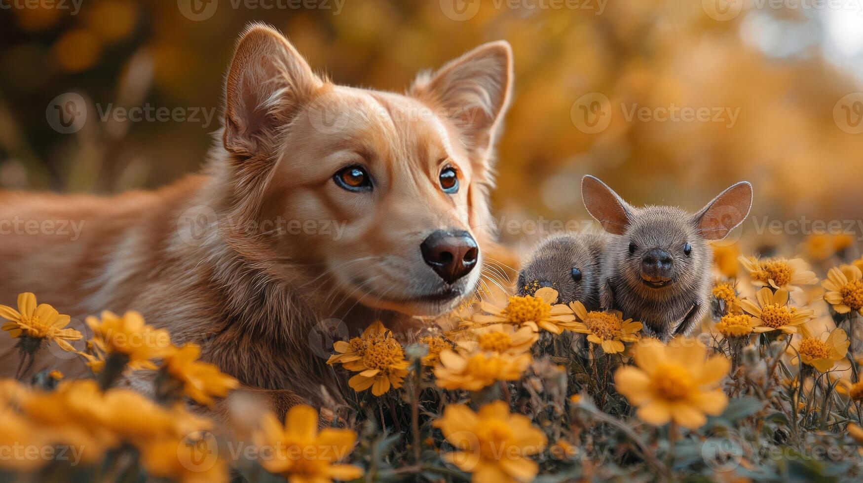 A dog and a baby rabbit in a field of flowers photo