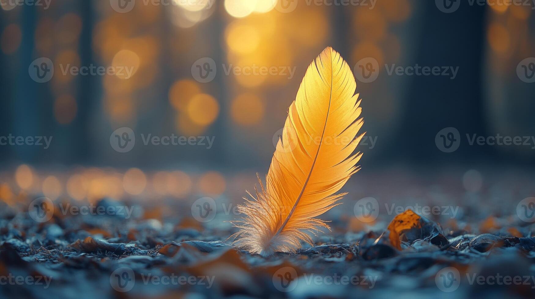 A feather is sitting on the ground in the woods photo