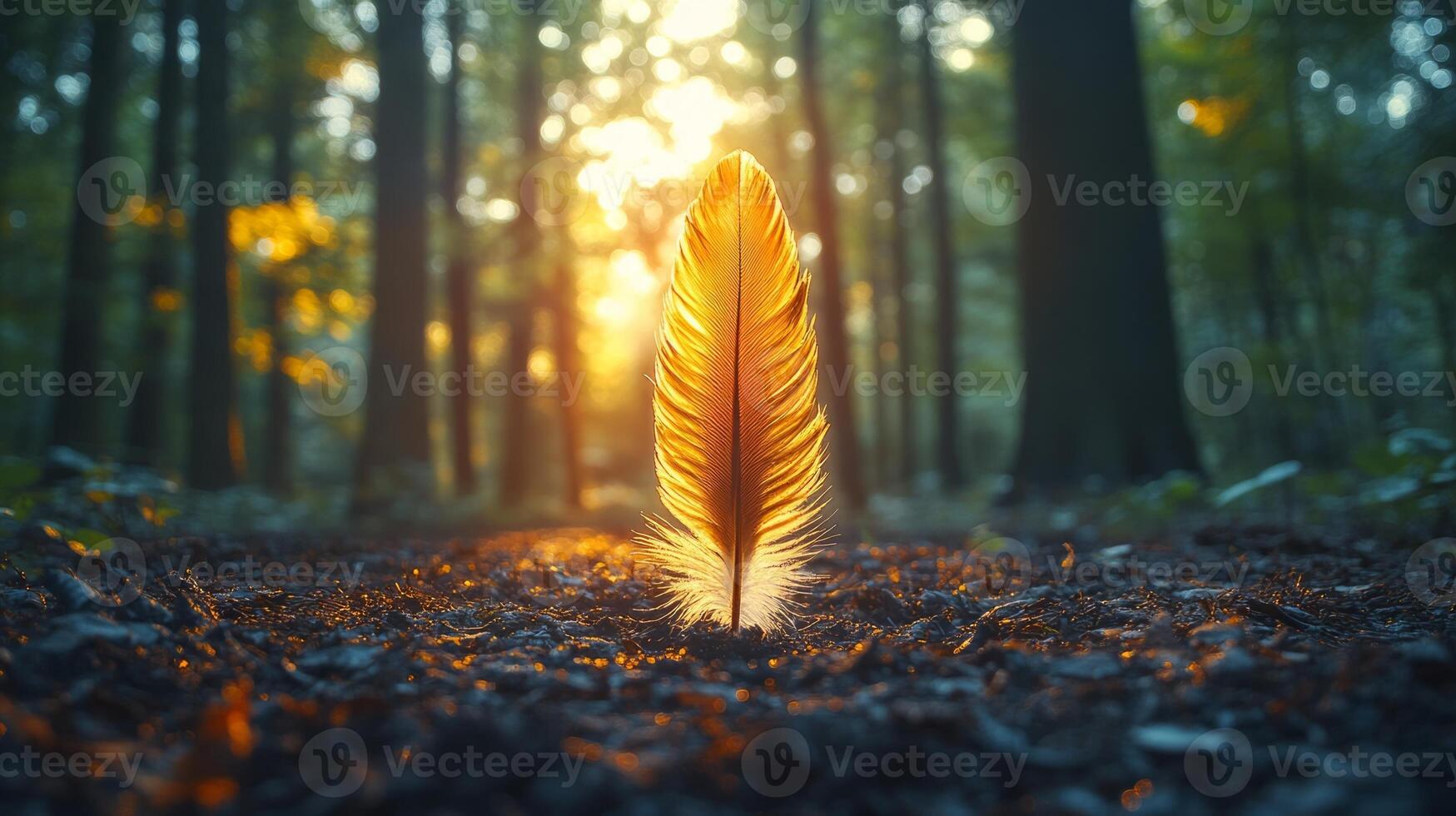 A feather is standing in the middle of a forest photo